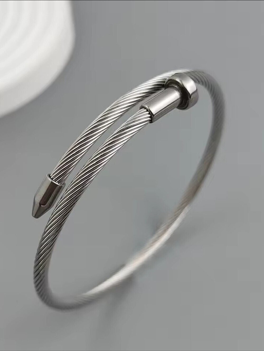 Stainless Steel Silver Twisted Cable Open Cuff Bracelet (Unisex)
